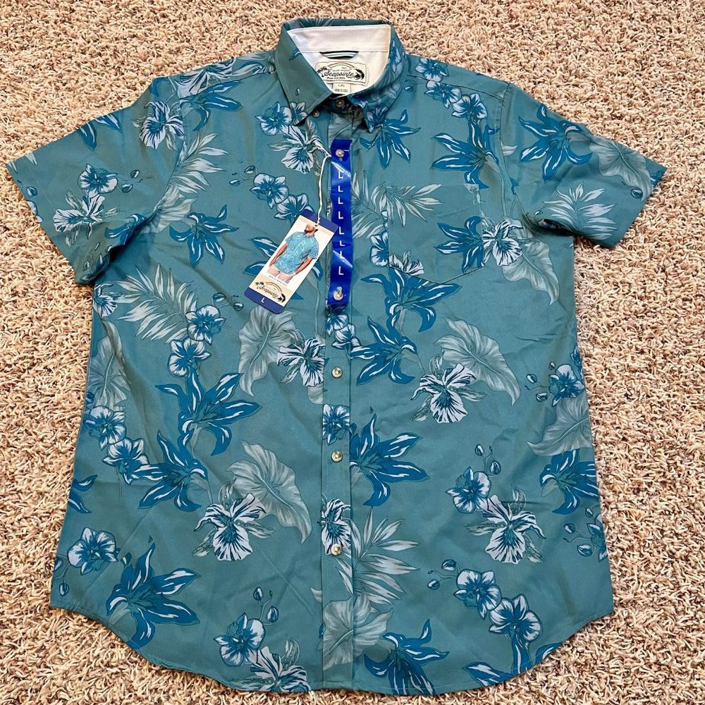 NWT Seapointe Men's Super Soft Tropical Button-Down Woven Shirt Blue, Size Large